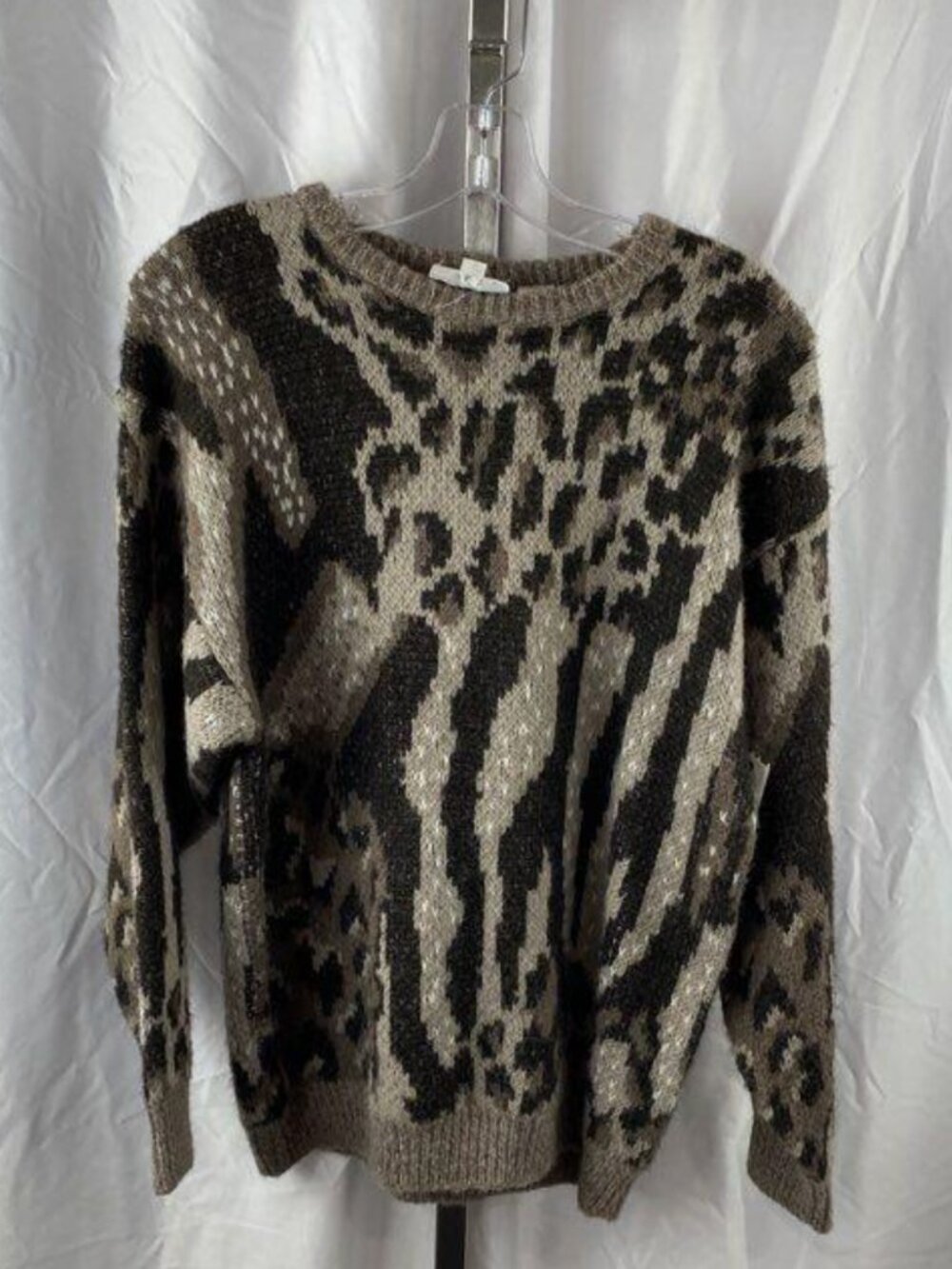 Vtg 90s Russ Men’s Taupe Brown Electric Grandpa Animal Print Knit Sweater M